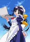  andou_mahoro black_hair cloud computer day green_eyes highres laptop long_sleeves mahoromatic maid maid_headdress official_art open_mouth sky smile solo takamura_kazuhiro 