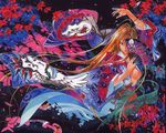  angel_wings arm_up breasts brown_eyes brown_hair chain colorful fan folding_fan japanese_clothes kimono kusarigama leaf long_hair long_sleeves medium_breasts natsume_maya no_bra oogure_ito open_clothes sickle skull skull_and_crossbones smile solo sword tenjou_tenge very_long_hair wallpaper weapon wings 