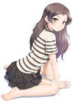  1girl arm_support bare_legs barefoot black_skirt blush brown_eyes brown_hair closed_mouth commentary_request forehead from_side full_body idolmaster idolmaster_million_live! kitazawa_shiho layered_skirt leaning_forward long_hair looking_at_viewer looking_to_the_side miri_(ago550421) shirt short_sleeves signature simple_background sitting skirt solo striped striped_shirt wariza white_background white_shirt 