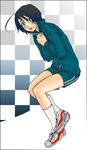  ahoge artist_request black_hair bleach checkered checkered_background gym_shorts gym_uniform hands_clasped hands_on_own_chest jacket long_sleeves lowres male_focus open_mouth own_hands_together popped_collar shorts solo yamada_hanatarou 