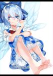  absurdres barefoot bloomers blouse blue_dress blue_eyes blue_hair blue_ribbon bow cirno dress dress_shirt feet hair_bow highres ice ice_wings nagatsuki_take red_bow red_ribbon ribbon shirt short_hair simple_background smile soles toes touhou underwear white_background white_shirt wings 