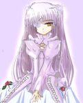  artist_request eyepatch flower flower_eyepatch kirakishou long_hair long_sleeves purple_hair rose rozen_maiden solo white_flower white_rose yellow_eyes 