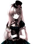  breasts choker cleavage dj_max dj_max_portable dress empty_eyes flower frills gothic gothic_lolita hat lolita_fashion long_hair mini_hat mini_top_hat monochrome pale_skin pocket_watch ribbon rose shirahane_nao small_breasts solo staring top_hat watch white_hair wristband 