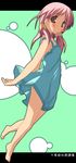  barefoot blue_skirt blush_stickers brown_eyes green_background kantoku kiriyama_sakura pink_hair sakura_musubi short_hair skirt solo twintails 