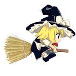  apron bamboo_broom black_dress black_eyes blonde_hair bow broom broom_riding chibi dress flying frilled_dress frills full_body hair_bow hat hat_bow kirisame_marisa loafers lowres phi_lin profile shoes simple_background solo touhou white_background white_bow white_legwear witch_hat 