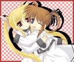  blonde_hair blue_eyes brown_hair fate_testarossa hug long_sleeves lyrical_nanoha mahou_shoujo_lyrical_nanoha multiple_girls one_eye_closed red_eyes sakuno_shikine school_uniform seishou_elementary_school_uniform takamachi_nanoha twintails 