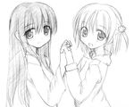  endo_saya_(naisho_no_tsubomi) greyscale holding_hands hood interlocked_fingers long_hair long_sleeves looking_at_viewer monochrome multiple_girls naisho_no_tsubomi one_side_up short_hair sketch smile symmetrical_hand_pose tachibana_tsubomi takami_ryou very_long_hair 