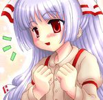  :d arm_strap bangs blush bow clenched_hands dutch_angle fujiwara_no_mokou hair_bow half_updo hands_on_own_chest hime_cut large_bow long_hair long_sleeves lowres oekaki open_mouth ponytail red_eyes shirt sidelocks silver_hair smile solo suspenders tilm touhou upper_body very_long_hair 