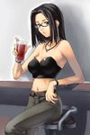  arm_support bar_stool bare_shoulders belt black-framed_eyewear black_hair bracelet breasts cleavage cup denim drink drinking_glass from_side glasses grey_eyes holding holding_cup indoors jeans jewelry katou_kei looking_at_viewer maria-sama_ga_miteru medium_breasts midriff navel necklace pants parted_lips ring short_hair sitting solo stool strapless tanaka_shoutarou tubetop 