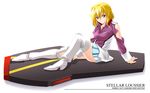  aizawa_kotarou blonde_hair boots character_name copyright_name gundam gundam_seed gundam_seed_destiny long_sleeves skirt solo stellar_loussier thigh_boots thighhighs white_footwear 