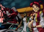  1girl bodysuit breasts car enryuu_(gaogaigar) glasses gloves ground_vehicle hyuuma_geki kouryuu_(gaogaigar) large_breasts mecha motor_vehicle red_eyes red_hair screencap sleeves_rolled_up sweat utsugi_mikoto volfogg yuusha_ou_gaogaigar yuusha_series 