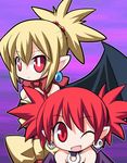  ;d bat_wings blonde_hair bow disgaea earrings etna fang jewelry makai_senki_disgaea_2 multiple_girls one_eye_closed open_mouth osaragi_mitama pointy_ears purple_background red_eyes red_hair rozalin smile wings yellow_bow 