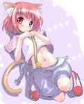  animal_ears bandaid bandaid_on_knee biting borrowed_character cat_ears cat_tail finger_biting full_body hisakawa_chin looking_at_viewer lying midriff on_back original overall_shorts overalls red_eyes red_hair shoes short_hair short_sleeves sneakers solo tail thumb_sucking 