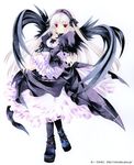  black_wings dress frilled_sleeves frills full_body gothic gothic_lolita hairband lolita_fashion lolita_hairband long_hair long_sleeves looking_at_viewer moo_(umineko) puffy_sleeves red_eyes rozen_maiden simple_background skirt_hold solo suigintou white_hair wings 