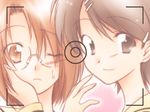  artist_request brown_eyes brown_hair closed_mouth face glasses hair_ornament hairpin hand_on_another's_face looking_at_viewer maria-sama_ga_miteru multiple_girls short_hair smile sweat takeshima_tsutako viewfinder wince yamaguchi_mami 