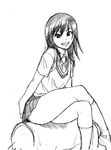 copyright_request crossed_legs greyscale grin highres legs monochrome pleated_skirt school_uniform shiwasu_no_okina sitting skirt smile solo sweater sweater_vest vest 
