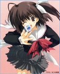  bird brown_eyes brown_hair kida_emiri long_sleeves mahjong mitsumi_misato one_eye_closed penguin pleated_skirt school_uniform serafuku short_hair skirt solo tenshi_no_inai_12-gatsu yoshio_(leaf) 