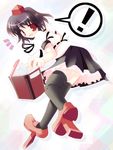  1girl ai_takurou bangs black_hair black_legwear blush book geta hat looking_at_viewer looking_back open_mouth pen red_eyes shameimaru_aya short_hair skirt smile solo speech_bubble tengu-geta thighhighs tokin_hat touhou zettai_ryouiki 