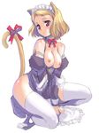  animal_ears blonde_hair breasts brown_eyes cat_ears choker copyright_request hisakawa_chin long_sleeves maid maid_headdress medium_breasts nipples open_clothes open_shirt shirt short_hair simple_background solo thighhighs 