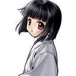  :o bangs black_hair blunt_bangs blush bob_cut child embarrassed flat_chest japanese_clothes kamichu! kimono looking_at_viewer looking_back miko nekopuchi profile red_eyes saegusa_miko short_hair simple_background solo surprised upper_body 