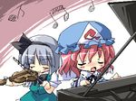  accompaniment beamed_eighth_notes eighth_note grand_piano hat instrument konpaku_youmu long_sleeves lowres multiple_girls music musical_note petenshi_(dr._vermilion) piano saigyouji_yuyuko singing touhou triangular_headpiece violin 