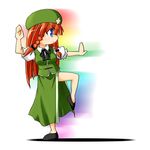  artist_request blue_eyes bow braid china_dress chinese_clothes dress fighting_stance frown hair_bow hat hong_meiling long_hair lowres rainbow_background red_hair solo star touhou twin_braids 