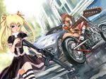  assault_rifle bible car chrysler chrysler_crossfire cigarette_holder copyright_request electric_guitar foreshortening gothic ground_vehicle guitar gun instrument left-hand_drive m16 motor_vehicle motorcycle multiple_girls rifle shihira_tatsuya thighhighs twintails weapon 
