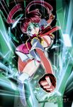  boots breasts cleavage clenched_hand fingerless_gloves gloves green_background kimura_takahiro large_breasts long_hair red_hair skirt solo tears thigh_boots thighhighs twintails utsugi_mikoto visor white_legwear yuusha_ou_gaogaigar yuusha_series 