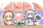  blonde_hair bowl chopsticks closed_eyes eating food imai_kazunari long_sleeves multiple_girls noodles ramen rice rozen_maiden shinku spoon suigintou suiseiseki 