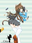  animal_ears backpack bag brown_hair cat_ears cat_tail cz-75 egaowomisete green_eyes gun handgun locked_slide long_hair long_sleeves magazine_(weapon) magazine_ejection no_panties original pistol reloading shell_casing solo tail thighhighs weapon zettai_ryouiki 