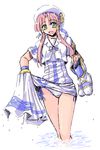  aria aria_company_uniform blue_panties dress dress_lift hair_tubes happy hat mizunashi_akari panties pantyshot pantyshot_(standing) pink_hair ribbon side-tie_panties sidelocks sketch smile solo soushin_souma standing striped striped_panties underwear uniform water wet wet_clothes 