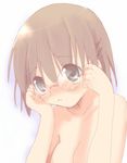  adjusting_eyewear brown_hair glasses hair_ornament hairclip head_tilt kayune_niu looking_at_viewer original short_hair shy solo topless 