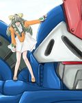  blush bow dress drill_hair fingerless_gloves gloves goggles green_eyes grey_hair hair_ribbon houri_shinji leaning_forward legs long_hair maria_balthasar mecha no_legwear older ribbon seibzehn shoes smile solo xenogears yellow_bow 