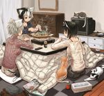  animal animal_ears breast_poke cat cat_ears eating kotatsu long_sleeves multiple_girls nabe original peaceful poking sitting steam sun-3 table 