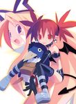  bandeau bat_wings black_gloves black_legwear blonde_hair boots bracelet demon_girl disgaea earrings elbow_gloves etna flat_chest flonne gloves harada_takehito jewelry long_hair makai_senki_disgaea miniskirt multiple_girls official_art panties pantyshot pantyshot_(sitting) pointy_ears prinny red_eyes red_hair ribbon sitting skirt skull_earrings strapless tail thighhighs tubetop twintails underwear white_panties wings 