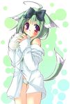  animal_ears blue_eyes blush bottomless bow cat_ears cat_tail dress_shirt green green_hair green_panties hair_bow long_sleeves no_pants original panties shirt shirt_slip solo standing striped striped_panties tail thigh_gap underwear yanagi_yuu 