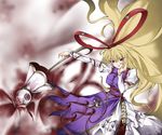  alternate_costume blonde_hair chaotic-unknown dress eyeball hair_ribbon long_hair long_sleeves no_hat no_headwear purple_eyes ribbon smile solo touhou umbrella yakumo_yukari 