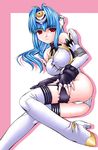  ass blue_hair boots breasts elbow_gloves gloves kos-mos large_breasts long_hair lying nakajima_rei nipples on_side panties red_eyes solo thigh_boots thighhighs underwear white_panties xenosaga 