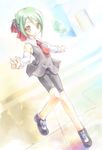  ai_(aria) aria bike_shorts detached_sleeves dutch_angle green_hair hair_ribbon ribbon short_hair solo standing takoyaki_(roast) 