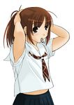  adjusting_hair armpit_peek armpits arms_behind_head arms_up belly_peek blue_skirt brown_eyes brown_hair cowboy_shot hair_ribbon hair_tie hair_tucking hands_on_own_head hoshino_yuumi kibina_high_school_uniform kimi_kiss midriff mouth_hold navel neckerchief pleated_skirt ponytail ribbon sailor_collar school_uniform shirt short_hair sidelocks simple_background skirt solo sore-hp stomach tying_hair up_sleeve white_background white_shirt 