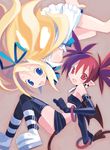  bat_wings black_gloves blonde_hair blue_eyes bracelet demon_girl disgaea earrings elbow_gloves etna flonne gloves harada_takehito jewelry long_hair makai_senki_disgaea miniskirt multiple_girls official_art pencil_skirt pointy_ears red_eyes red_hair ribbon skirt skull_earrings tail thighhighs twintails wings zettai_ryouiki 