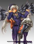  ass black_legwear black_wings bloomers chair dress english flower frills full_body hairband head_rest holding holding_hair long_hair long_sleeves looking_at_viewer puffy_sleeves reclining red_eyes rose rozen_maiden shoes shunin silver_hair sitting smile solo suigintou traditional_media underwear very_long_hair wide_sleeves wings 