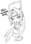  artist_request blush breasts chibi crossed_arms dell full_body gloves greyscale hair_intakes kos-mos lineart long_hair looking_at_viewer medium_breasts monitor monochrome on_head one_eye_closed pilot_suit sitting smile solo very_long_hair xenosaga 