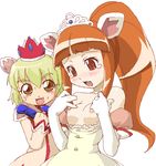  1girl animal_ears bare_shoulders blonde_hair blush breasts brother_and_sister brown_eyes clenched_hand crown dress_pull elbow_gloves fang fushigiboshi_no_futago_hime gloves ixy leonne lionboy long_hair looking_down nipples oekaki open_mouth orange_hair otoko_no_ko ponytail red_eyes siblings simple_background small_breasts sweat tears tiara tio_(fushigiboshi_no_futago_hime) white_background white_gloves 