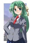  blazer green_eyes green_hair hair_intakes hair_ribbon half_updo hand_on_hip higurashi_no_naku_koro_ni jacket long_hair long_sleeves necktie red_neckwear ribbon school_uniform shiokonbu_project skirt smile solo sonozaki_shion very_long_hair 