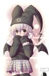  anger_vein bat_wings black_legwear blush covering_mouth demon_girl hako_(dollspro) hat hexagram highres jester_cap kuro_unyuu long_sleeves looking_at_viewer mayura miniskirt plaid plaid_skirt skirt solo succubus thighhighs ukagaka wings zettai_ryouiki 