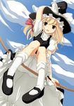  arm_up blonde_hair bloomers bow broom broom_riding cloud date_(senpen) day dutch_angle from_below full_body hair_bow hand_on_headwear hat kirisame_marisa looking_down mary_janes open_mouth shoes sidesaddle sky socks solo touhou underwear white_bloomers white_legwear witch_hat yellow_eyes 