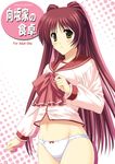  blush bow bow_panties brown_eyes kousaka_tamaki long_hair long_sleeves masakichi_(crossroad) navel no_pants panties red_hair school_uniform serafuku solo standing to_heart_2 underwear white_panties 