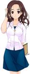  blouse blue_skirt brown_eyes brown_hair face forehead hand_in_hair highres kawada_tomoko kimi_kiss looking_at_viewer notebook pencil simple_background skirt smile solo white_background white_blouse yamaguchi_homupe 