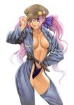  belt black_panties breasts cabbie_hat center_opening cleavage hair_ribbon hand_on_hip hat hat_tip homare_(fool's_art) jumpsuit large_breasts long_hair long_sleeves navel no_bra open_clothes original panties pins purple_eyes purple_hair purple_panties ribbon shizune_(homare) smiley_face solo twintails underwear very_long_hair 
